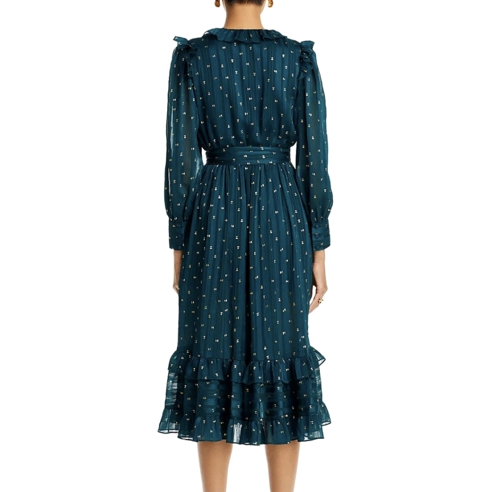 Aqua Ruffle Trim Clip Dot Long Sleeve Midi Wrap Dress, Teal Green & Gold, XS - Picture 3 of 16